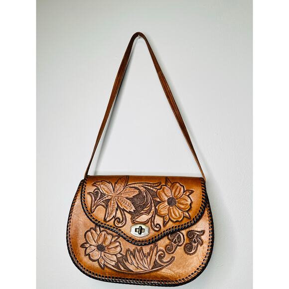 Vintage 1960s 70s Floral Tooled Leather Turn Lock Style Western Boho Handbag - Picture 1 of 9